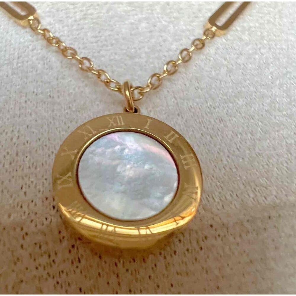 Gold Plated Stainless Steel mother of pearl Necklace Round Double Sided Pendant